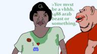 1488 2soyjaks amerimutt arab artist:imperator beanie brown_skin clothes discord ear fnf_pedo green_shirt greentext hat joel_(user) mustache open_mouth queen_of_spades soyjak stubble subvariant:chudplier subvariant:impish_amerimutt text variant:chudjak variant:impish_soyak_ears variant:joak variant:markiplier_soyjak yellow_sclera // 1280x720 // 68.8KB