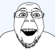 annoying_orange glasses hair looking_at_you open_mouth smile soyjak stubble teeth transparent_background variant:bernd variant:oranjak // 1200x1125 // 90.5KB