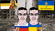 2soyjaks angry arm christian_cross christian_identity christianity clothes ear eastern_orthodox flag:russia flag:ukraine glasses hugging irl_background orthodox orthodox_christian orthodox_cross orthodox_icon orthodoxy pray soyjak subvariant:chudjak_front text tshirt vagina variant:chudjak // 1920x1080 // 401.3KB