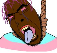 bloodshot_eyes brown_skin brown_troonjak crying flag:transgender_pride_flag glasses hanging purple_hair stubble suicide tranny variant:cobson // 768x719 // 69.1KB