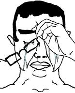 closed_eyes closed_mouth crying glasses glasses_askew hair hand holding_object lips sad soyjak subvariant:chudjak_front tear template variant:chudjak // 825x1024 // 158.3KB