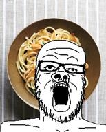 bowl food garlic glasses irl_background mustache open_mouth pasta series:fruiterz! soyjak stubble variant:a24_slowburn_soyjak // 543x679 // 450.8KB