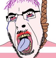 bloodshot_eyes clothes crying flag glasses hair hanging mustache open_mouth purple_hair rope soyjak stubble suicide tongue tranny variant:cobson white_skin // 676x701 // 252.8KB