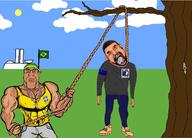 2soyjaks beard brazil brown_skin buff closed_mouth cloud cross crying ear flag flag:brazil full_body glasses hair hanging headband holding_object holding_rope lynching meta:tagme necklace o_sul_e_meu_pais open_mouth rope soyjak tongue tree variant:bernd variant:markiplier_soyjak // 1280x920 // 850.8KB