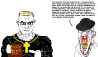 2soyjaks angry arm aryan atheism black_shirt blond blood bloodshot_eyes blue_eyes christianity closed_mouth clothes cross ear fedora glasses hair hand holding_object holy_bible jesus jewish_nose jews judaism magic pointing religion science smile soyjak subvariant:chudjak_front subvariant:feralrage subvariant:muscular_chud text variant:chudjak variant:feraljak wordswordswords yellow_hair yellow_teeth // 1053x614 // 330.3KB