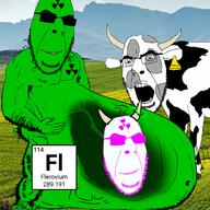 3soyjaks angry animal arm chemistry cow ear element flerovium glasses green_skin hairy hand horn irl_background leg mountain open_mouth pregnant radioactive soyjak stubble sunglasses tattoo variant:cobson // 1250x1250 // 813.9KB