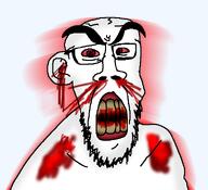 angry artist:crimsonvoidhydra1488 beard blood bloodshot_eyes clenched_teeth eyebrows glasses rage redraw soyjak subvariant:feralrage transparent transparent_background variant:feraljak // 585x533 // 125.0KB