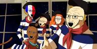 5soyjaks arm beret brown_hair brown_skin cartoon clothes collar daphne_blake dog flag flag:france france fred_jones glasses hair hand hat open_mouth orange_hair scarf scooby_doo shaggy_(scooby_doo_character) soyjak stubble variant:a24_slowburn_soyjak variant:soyak vc velma_dinkley white_skin yellow_hair // 870x443 // 412.2KB