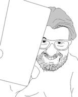 closed_mouth glasses grey_hair grin hair hand holding_object soyjak stubble variant:unknown // 363x453 // 40.5KB