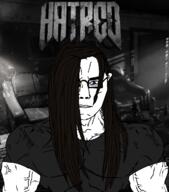 angry black_and_white blue_eyes buff closed_mouth clothes ear glasses grayscale hair hatred_(game) long_hair muscles not_important soyjak subvariant:chudjak_front subvariant:muscular_chud text tshirt variant:chudjak vein video_game // 1059x1200 // 492.9KB