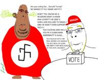 angry blue_eyes brown_skin clothes donald_trump election hat kamala_harris maga nazism stink_lines subvariant:nucob text united_states variant:cobson yellow_hair // 1536x1258 // 218.9KB