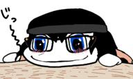 anime beanie blue_eyes blush closed_mouth clothes female glasses hair hakurei_reimu looking_in_distance smile soyjak table variant:soytan // 1224x728 // 52.8KB