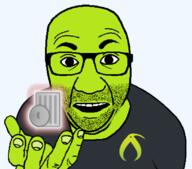 artist:bucephalus_(kiwi_farms) clothes dumb glasses green_skin hand holding_object kiwifarms looking_at_you negrate open_mouth perro_hold series:kiwiperros soyjak sticker stubble subvariant transparent_background trash_can tshirt variant:el_perro_rabioso // 820x720 // 54.2KB