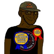 award badge black_shirt brown_skin camouflage clothes emr_pattern glasses hat most_retarded_nigger_award nigger ribbon_of_saint_george russia smirk smug stubble variant:soyak vatnik wagner_group yellow_sclera z_(russian_symbol) zigger // 600x600 // 88.9KB