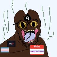 black_skin distorted faggot flag:transgender_pride_flag glasses hello_my_name_is_(sticker) meta:namefags nigger open_eyes open_mouth queen_of_spades retard shitskin ss13 stink_lines stubble tranny transparent_background trend:slopjak variant:feraljak yellow_eyes // 1500x1500 // 1.4MB