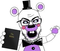 aqua_teen_hunger_force arm bibble bible bowtie christianity clothes ear five_nights_at_freddy's_night freddy_fazbear hair hand helpy holding_book holding_object open_mouth soyjak teeth text top_hat variant:feraljak you_question_the_words_of_the_mighty_jimmy // 1752x1500 // 197.2KB