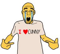 arm clothes cunny ear glasses i_love open_mouth pointing soyjak stubble text variant:shirtjak 😭 // 618x559 // 63.3KB
