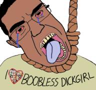 anime bloodshot_eyes brown_skin clothes crying ear glasses hair hanging heart i_heart i_love noose open_mouth soyjak suicide t-shirt text tongue trap tshirt variant:chudjak yellow_teeth // 769x720 // 320.7KB