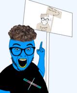 arm beak bird black_shirt blue_skin clothes glasses hair hand open_mouth pointing series:x_inmigrants serious serious_hat sign soyjak stubble transgender_flag tshirt twitter variant:abortion_lover x zoomer zoomer_hair // 794x960 // 178.9KB