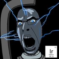 angry blue_eyes chemistry element glasses grey_skin iridium lightning metal open_mouth soyjak stubble variant:cobson // 976x966 // 237.9KB