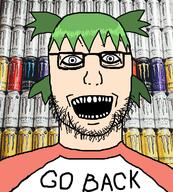 4chan anime crazed glasses go_back green_hair hair irl_background monster_energy open_mouth soyjak stubble subvariant:jasonfront text variant:jasonjak white_skin yotsoyba // 1034x1150 // 976.0KB