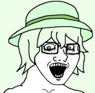 clothes crazed crystal_cafe female glasses green_eyes green_hair hair hat open_mouth soyjak subvariant:female_soyak subvariant:soyak_(crazed) variant:soyak // 844x825 // 348.2KB