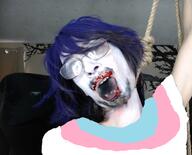 ack flag:transgender_pride_flag glasses irl irl_soy lipstick makeup mustache open_mouth purple_hair real_person rope series:irl_soyjaks stubble suicide tranny transgender_flag variant:bernd white_skin // 702x567 // 410.4KB