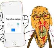 angry arm blood bloodshot_eyes captcha clenched_teeth clothes cracked_teeth dog ear glasses hand holding_object holding_phone janny mcchallenge nosebleed phone soybooru soyjak stubble subvariant:feralrage suspenders variant:feraljak vein yellow_skin yellow_teeth // 945x825 // 519.1KB