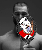 black_hair bloodshot_eyes crying fascism gigachad holding_mirror mirror mustache nazism red_shirt rope swastika teeth tongue variant:chudjak