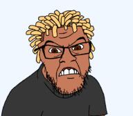 brown_eyes brown_skin closed_mouth clothes glasses grey_shirt nigger racerneem soyjak stubble variant:feraljak yellow_hair // 900x789 // 24.5KB