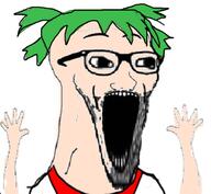 4chan anime arm clothes glasses green_hair hair hand hands_up open_mouth soyjak stubble subvariant:wewjak variant:soyak white_skin yotsoyba // 640x591 // 263.9KB