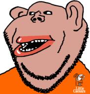 amerimutt brown_skin clothes ear hair lips little_caesars mutt open_mouth orange_shirt pizza soyjak stubble subvariant:impish_amerimutt teeth variant:impish_soyak_ears // 598x628 // 41.6KB