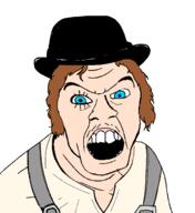 a_clockwork_orange angry blue_eyes brown_hair clothes colorful hair hat insane looking_at_you movie open_mouth soyjak variant:feraljak white_background // 1450x1584 // 110.1KB