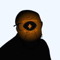 artist:crimsonvoidhydra1488 beard black_sclera black_skin broken_glasses ferosolarius glasses glowing gradient one_eye orange orange_eyes star variant:feraljak // 750x750 // 92.3KB