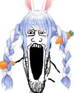 anime blue_hair glasses hair hololive open_mouth pekora soyjak stretched_mouth stubble variant:markiplier_soyjak vtuber // 522x654 // 293.2KB