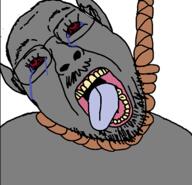black_skin crying dunmer elf glasses grey_skin hanging mustache open_mouth pointy_ears red_eyes rope soyjak stubble suicide the_elder_scrolls tongue variant:bernd video_game // 370x356 // 60.6KB