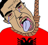 albania bloodshot_eyes brown_skin country crying flag flag:albania glasses hair hanging mustache open_mouth reichsadler rope soyjak subvariant:chudjak_front suicide swastika text tongue variant:chudjak yellow_teeth // 768x719 // 324.5KB