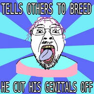 eyelashes glasses hair meme mustache open_mouth purple_hair soyjak stubble text tongue tranny variant:bernd yellow_teeth // 397x398 // 166.3KB