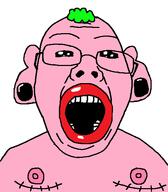 big_lips ear female female_genital_mutilation ftm glasses green_hair nipple open_mouth pink_skin pooner soyjak top_surgery tranny troon variant:joyjak // 482x550 // 32.5KB