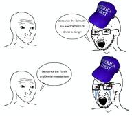 angry christianity clothes crying hat judaism open_mouth red_eyes soyjak stubble text variant:soyak variant:wojak wojak // 818x720 // 63.0KB