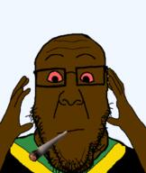 beard black_skin bloodshot_eyes glasses jamaica nigger niggerweed smoking subvariant:ppplier variant:markiplier_soyjak variant:ppp weed // 519x616 // 75.3KB