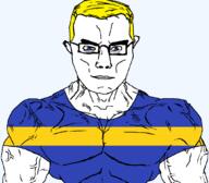 arm blue_eyes buff closed_mouth clothes country flag flag:silesia glasses hair poland silesia soyjak subvariant:chudjak_front subvariant:muscular_chud transparent transparent_background tshirt variant:chudjak vein voivodeship yellow_hair // 1059x929 // 36.3KB