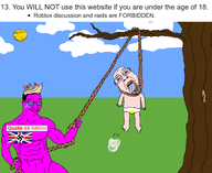 18 3soyjaks ack ack! arch_linux baby banana_split_ice_cream binky bloodshot_eyes buff caca closed_mouth cloud crying flag:united_kingdom foot forehead_lines full_body glasses gums hand hanging lips lynching meta:namefags muscles muscular_male open_mouth pacifier pink_skin purple_skin quote_(user) rope rules shirtless sky stubble subvariant:wholesome_soyjak teeth text toddler tongue tree variant:bernd variant:chudjak variant:gapejak yellow_skin yellow_teeth // 2100x1716 // 261.3KB