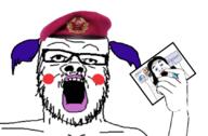 2soyjaks arm beret blue_hair blush clothes communism glasses hair hammer_and_sickle hand hat holding_object makeup mustache open_mouth qa_(4chan) soyjak star stubble tranny variant:a24_slowburn_soyjak variant:alicia variant:soyak // 840x550 // 197.6KB