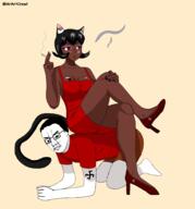 alunya black_skin breasts cat_ear catgirl cigarette communism coomer_artstyle dark_hair dress female femdom hammer_and_sickle red_dress red_eyes red_tshirt smoke smoking swastika tail variant:chudjak // 1907x2048 // 1.3MB