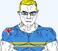 arm aruba blue_eyes buff closed_mouth clothes flag flag:aruba glasses hair netherlands soyjak star_(symbol) subvariant:chudjak_front subvariant:muscular_chud transparent transparent_background tshirt variant:chudjak vein yellow_hair // 1059x929 // 57.4KB