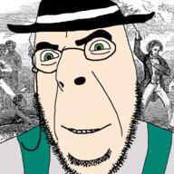 buck_breaking clothes drawn_background glasses green_eyes hat history slave smile soyjak stubble variant:cobson white_skin // 721x720 // 277.5KB