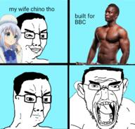 angry anime bbc chino_kafuu clothes glasses gochiusa hair merge monkey negro open_mouth smile smug soyjak text tongue variant:chudjak variant:monkeyjak // 720x686 // 332.2KB