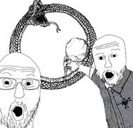 boulder conspiracy conspiracy_theory esoteric fangs glasses plaid rock schizo sisyphus snake soyjak stubble unity unity_cube variant:two_pointing_soyjaks // 1284x1229 // 549.9KB