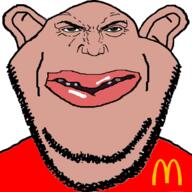 amerimutt brown_skin clothes ear half_open_mouth mcdonalds punisher_face soyjak stubble subvariant:impish_amerimutt subvariant:impish_front variant:impish_soyak_ears // 627x627 // 64.0KB